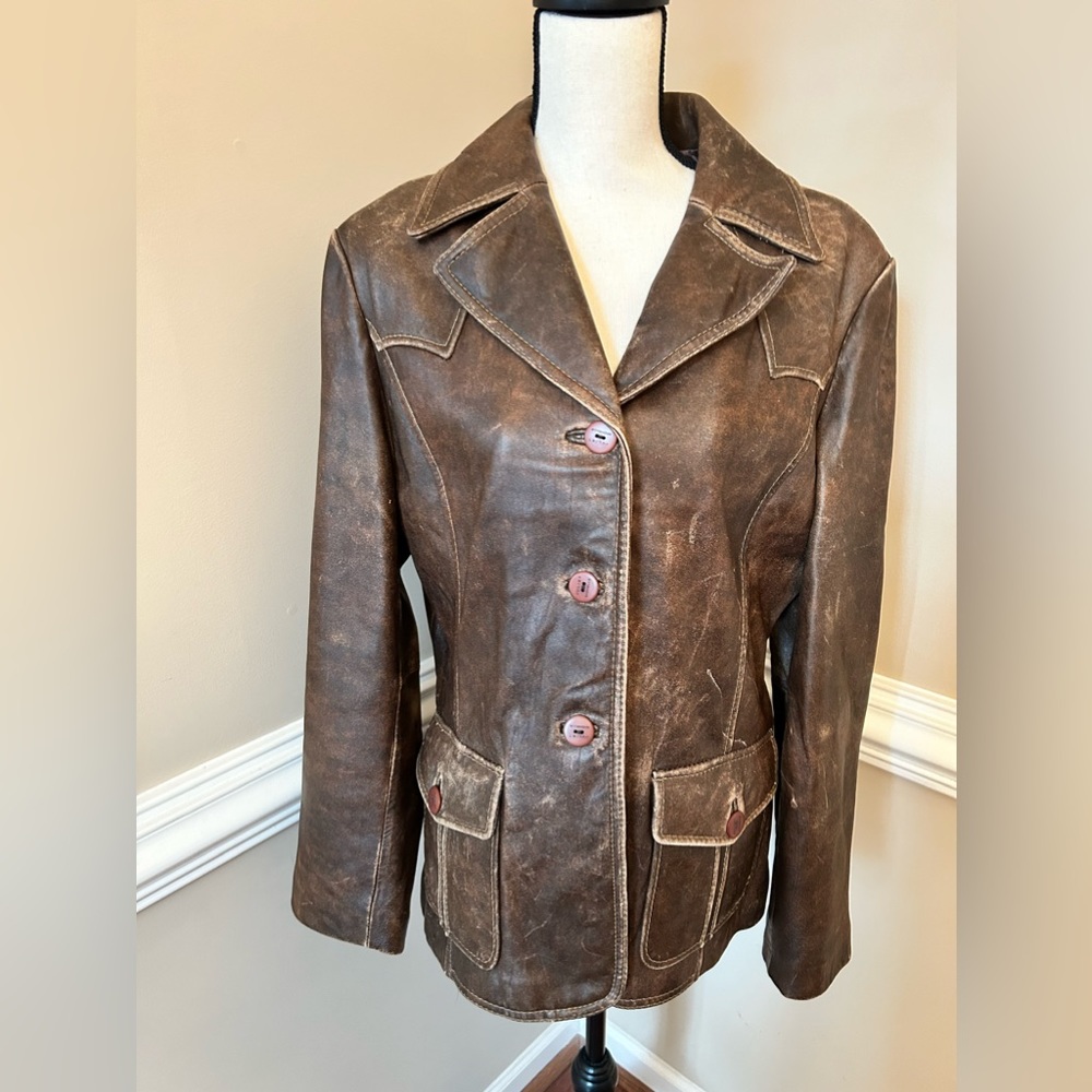 BROWN DISTRESSED LEATHER JACKET SIZE XL